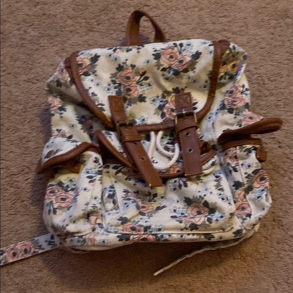 Pottery Barn Floral Canvas Backpack with Brown Trim